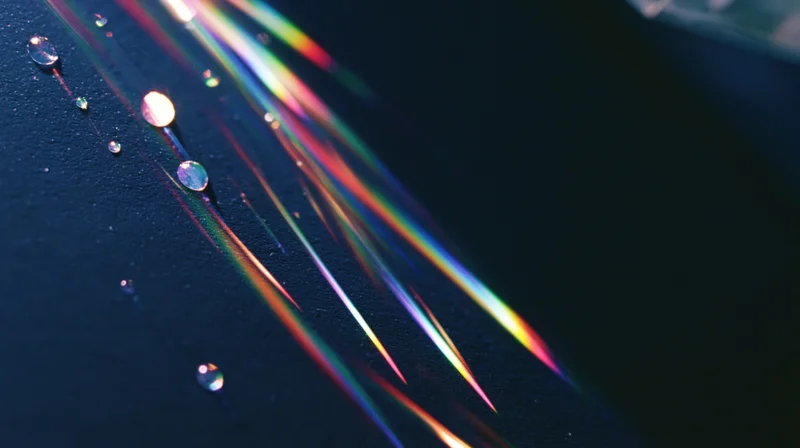 Rainbow light spectrum refracting through water droplets on a dark surface