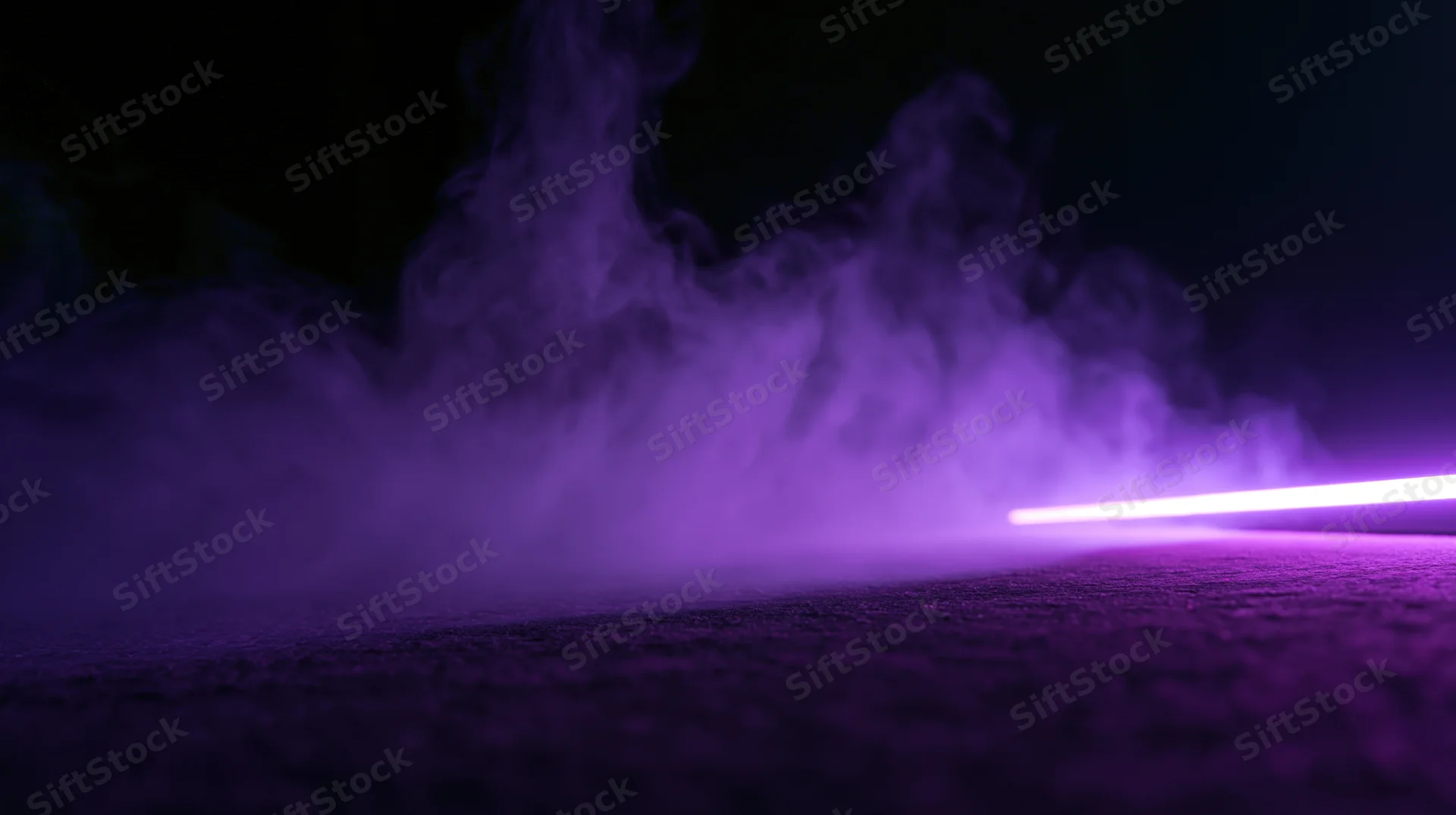 Purple neon light glowing through smoke on a dark textured floor