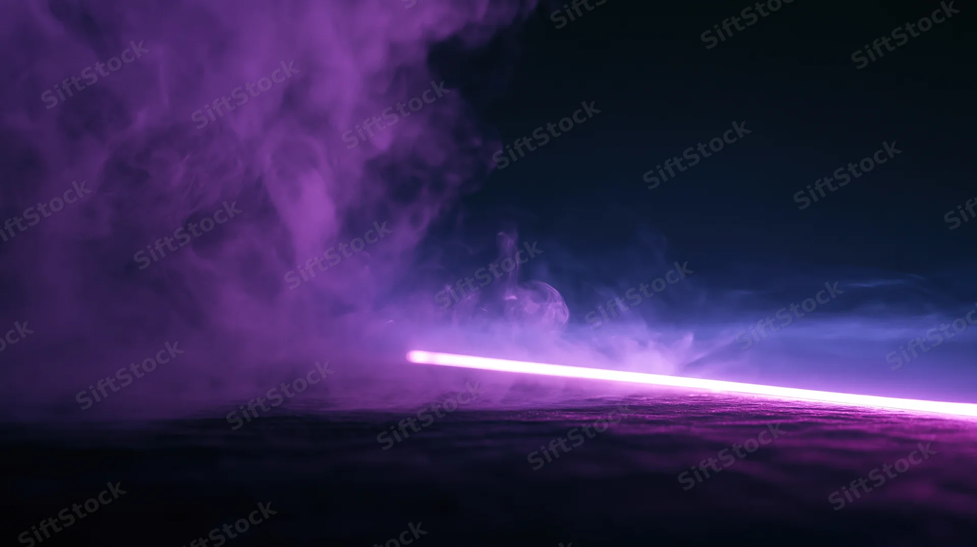 Horizontal neon light glowing in purple smoke over dark reflective surface