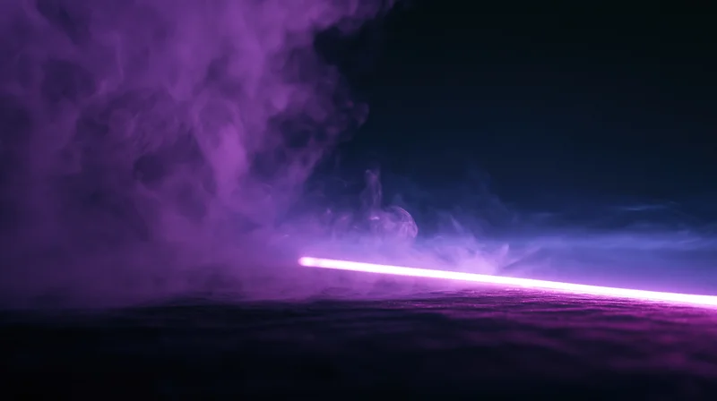 Horizontal neon light glowing in purple smoke over dark reflective surface
