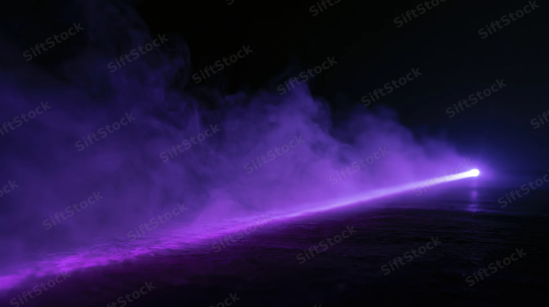 Purple laser beam cutting through smoke over dark water surface at night