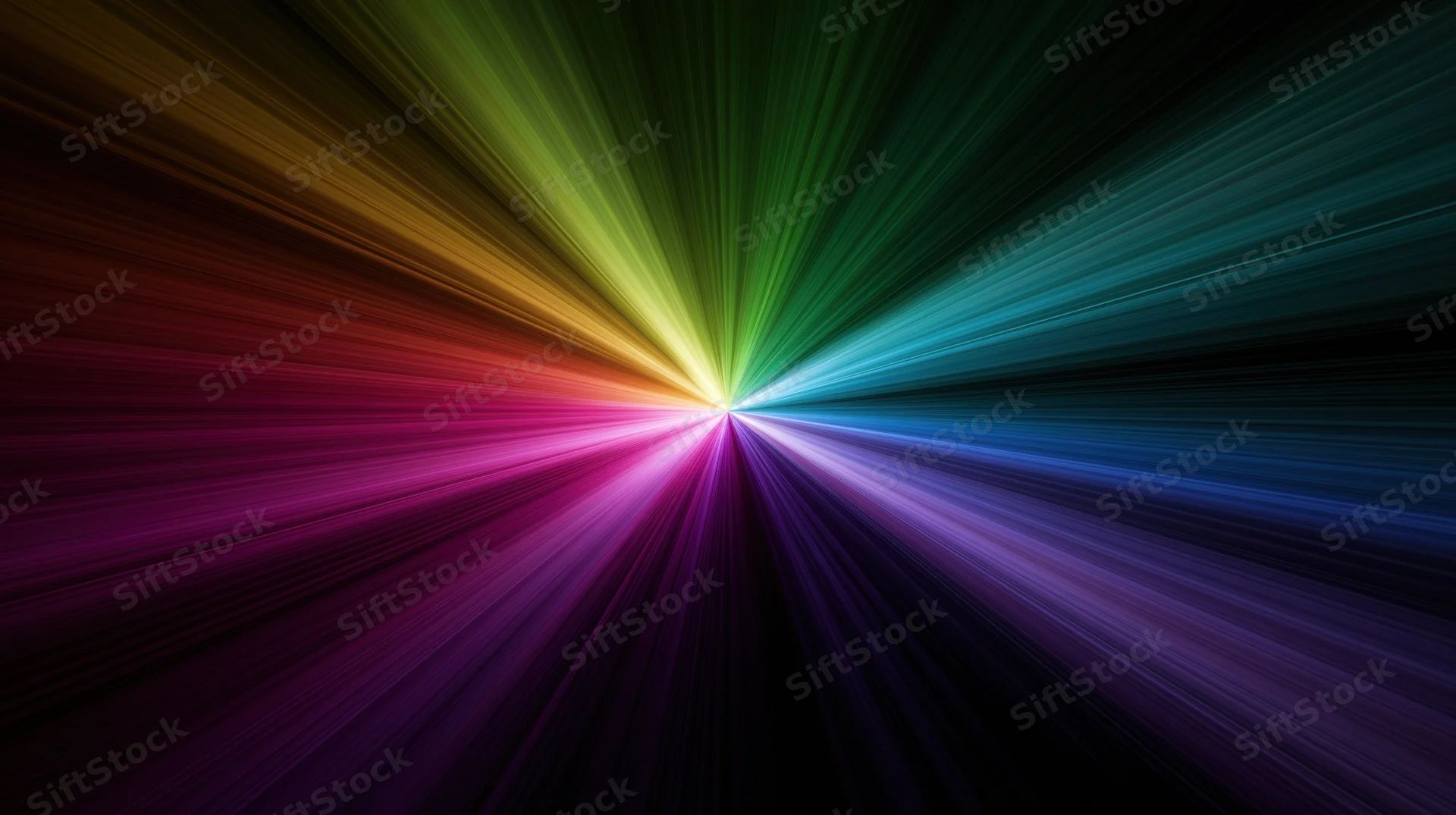 Radiant multicolor light beams bursting from a central point against a dark background