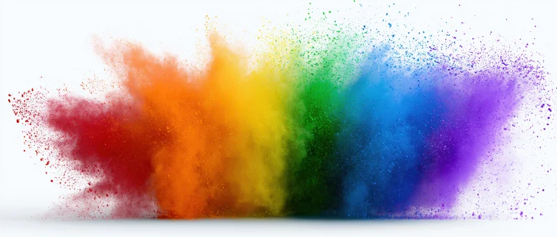 Rainbow-colored powder exploding in mid-air against a white background