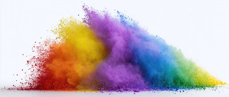 Colorful powder exploding in a rainbow burst against a white background