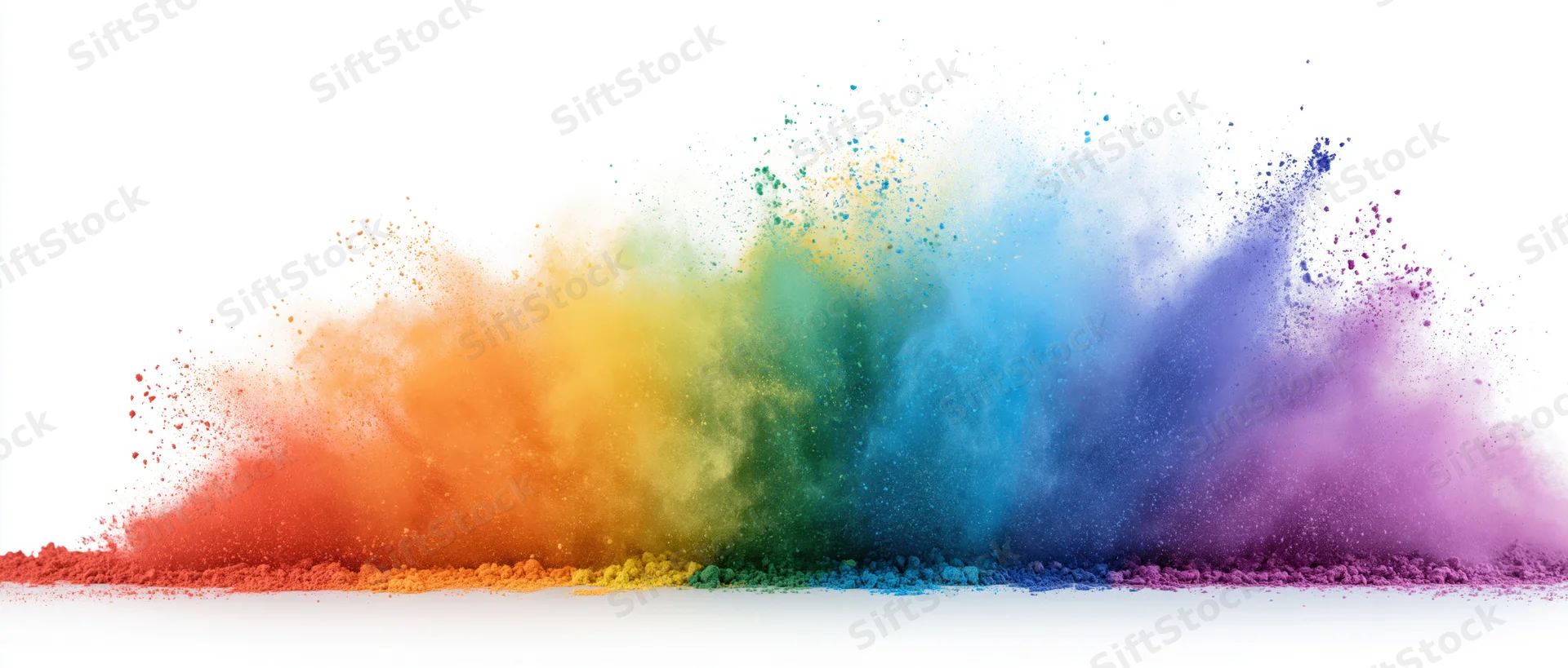 Colorful powder exploding in a rainbow burst against white background