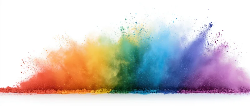 Colorful powder exploding in a rainbow burst against white background