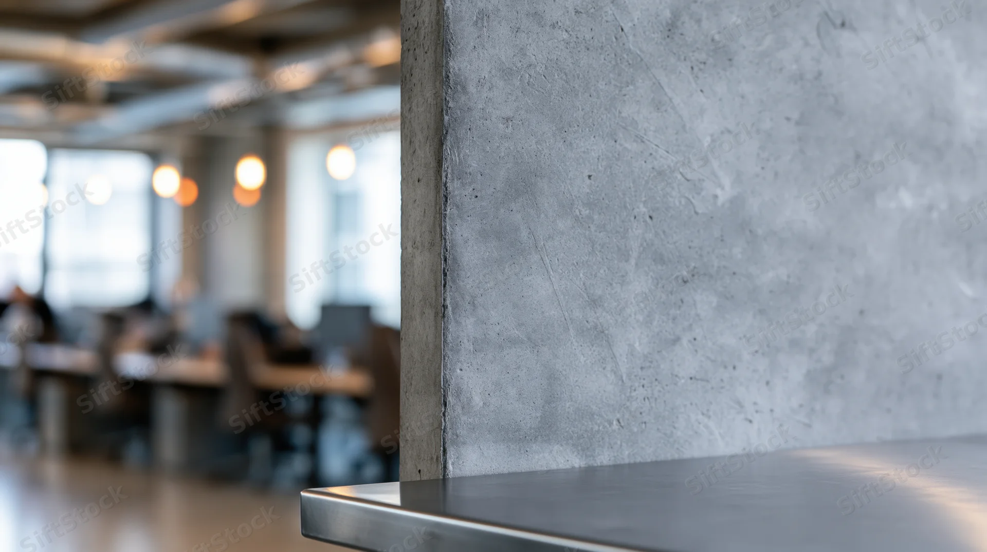 Concrete wall and metal table in modern office interior with blurred background and copyspace