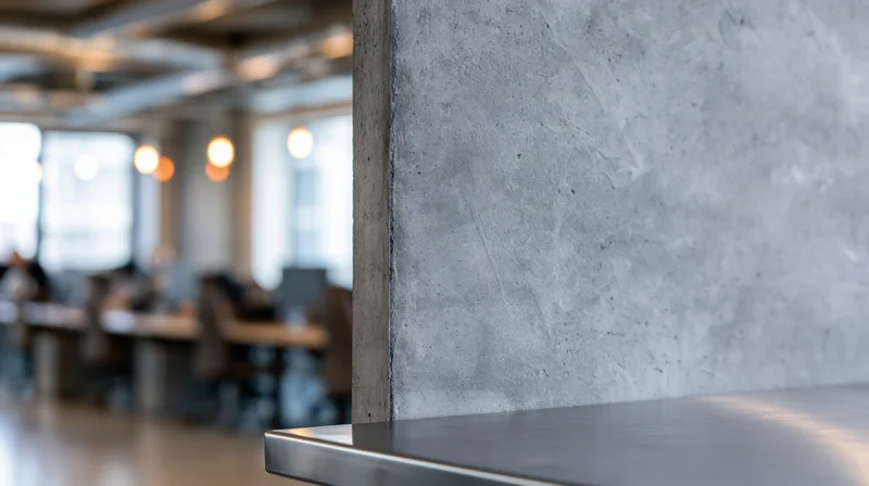 Concrete wall and metal table in modern office interior with blurred background and copyspace