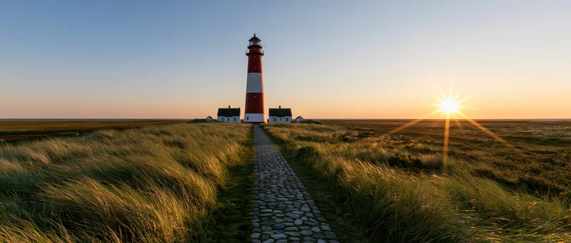Red and white lighthouse standing at end of stone path through grassy dunes at sunset