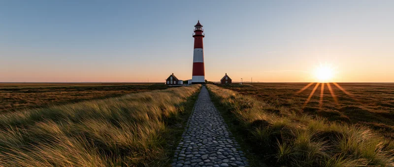 Red and white striped lighthouse standing at end of cobblestone path through grassy field at sunset