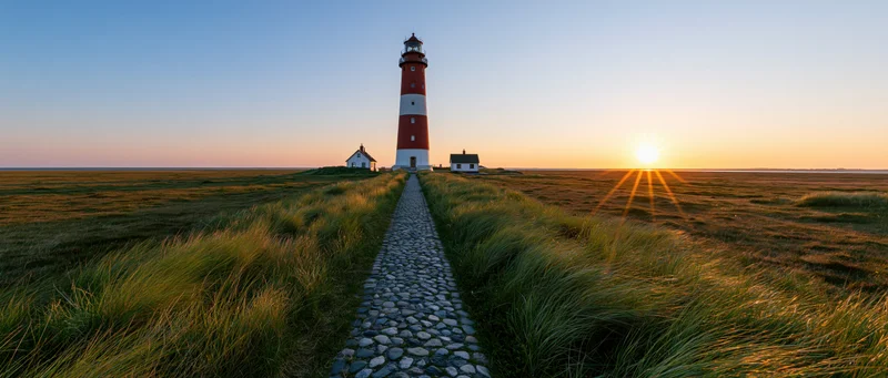 Red and white lighthouse standing at end of stone pathway through grassy dunes at sunset on coastal shore