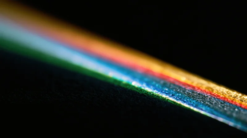 A spectrum of colored light bands refracted across a dark surface