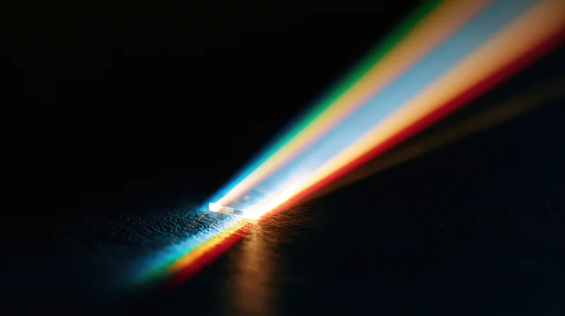 A prism refracting white light into a rainbow spectrum on a dark surface