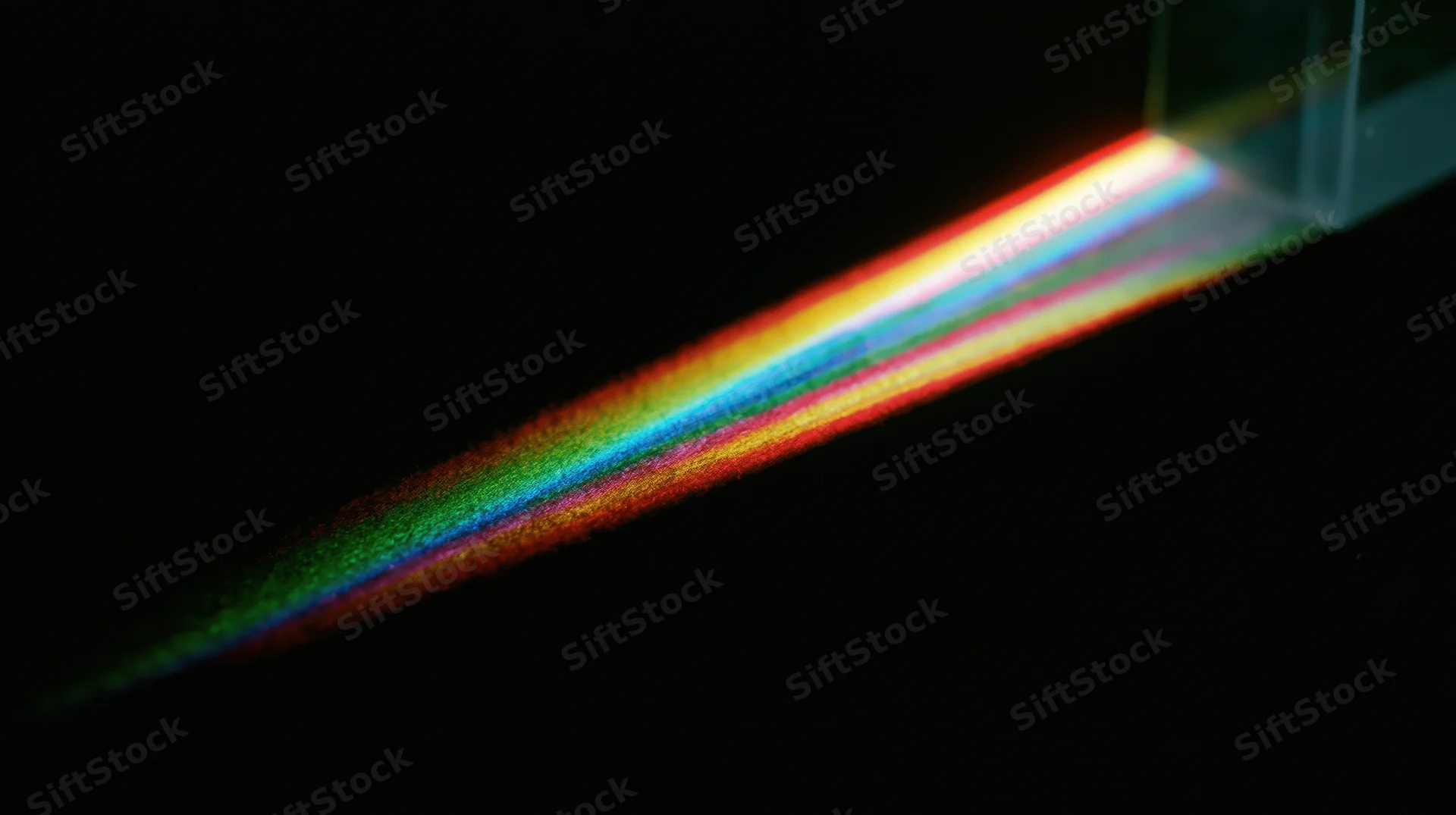 Light refracting through a prism creating a rainbow spectrum on a dark surface