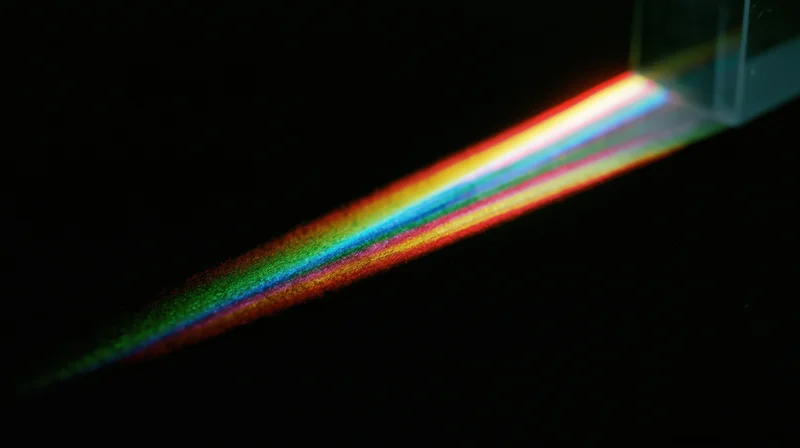 Light refracting through a prism creating a rainbow spectrum on a dark surface