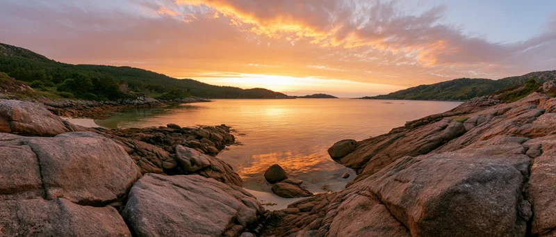 Sunset over a rocky coastal bay with calm water reflecting golden sky and distant hills