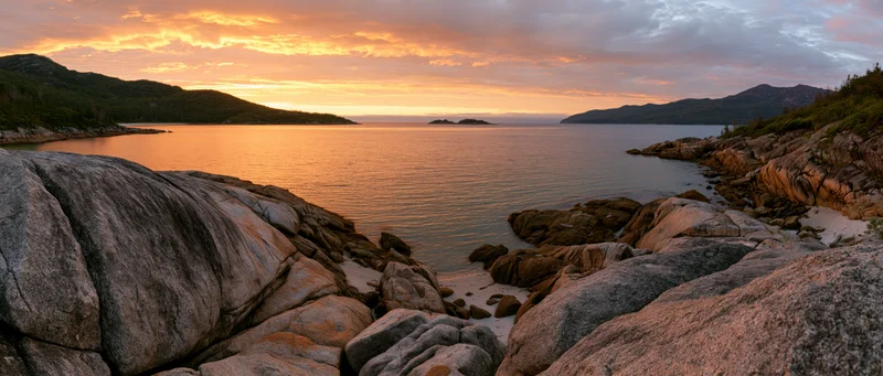 Rocky coastline at sunset with calm ocean and distant mountains