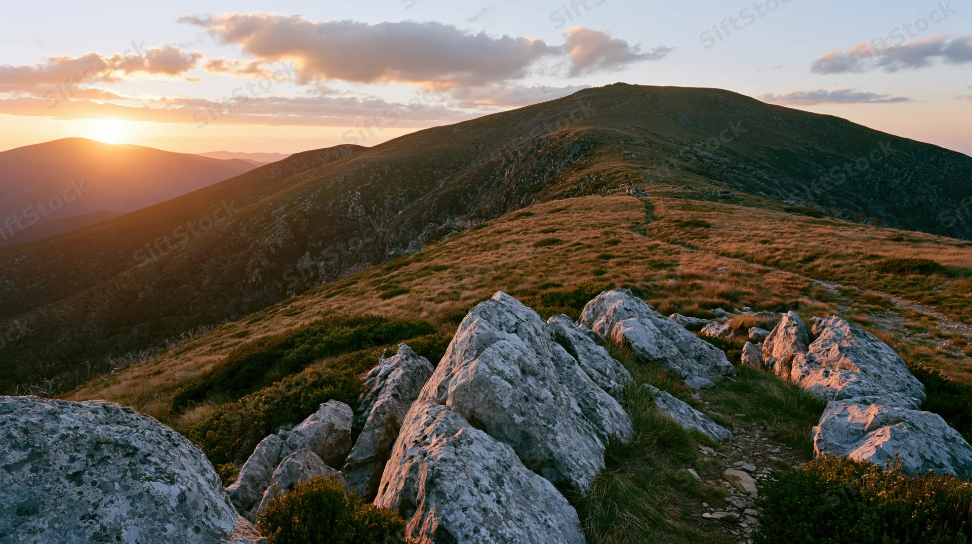 Rocky mountain trail winding through grassy slopes at sunset