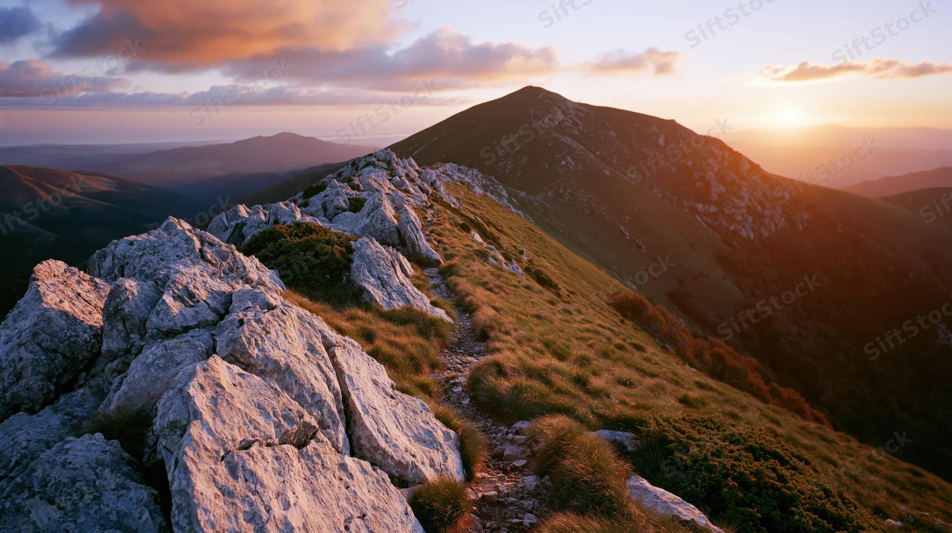 Rocky mountain peak at sunset with a winding trail through grassy slopes and distant valleys