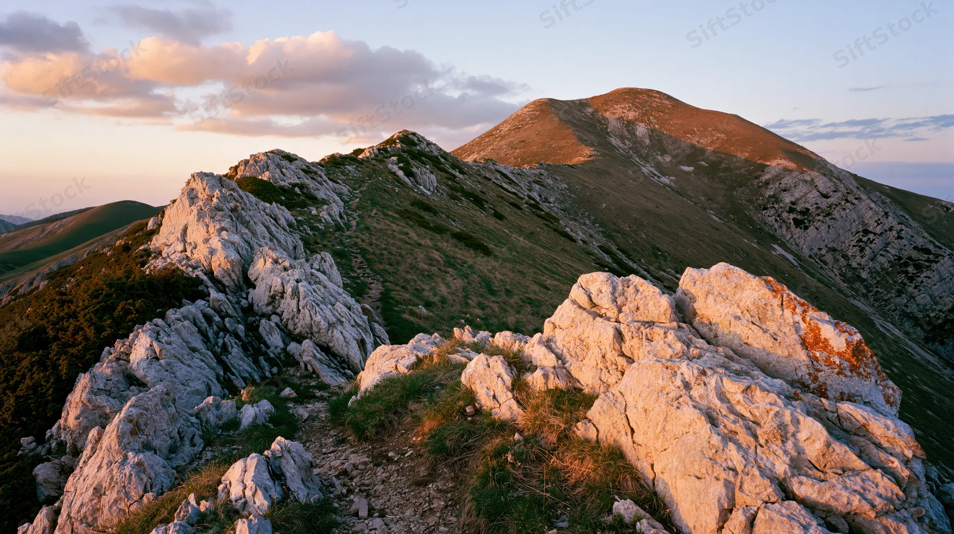 Rocky mountain ridge at sunset with grassy slopes and distant peaks in the background