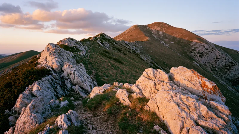Rocky mountain ridge at sunset with grassy slopes and distant peaks in the background