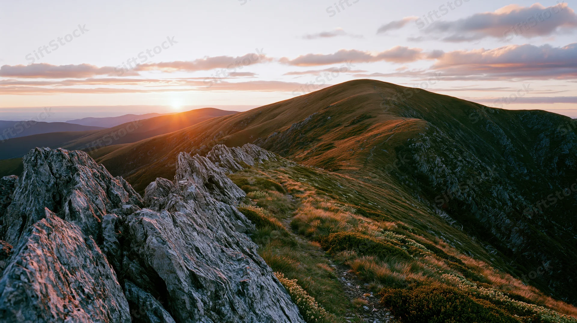 Sunrise over a mountain ridge with rocky outcrops and grassy slopes in the foreground