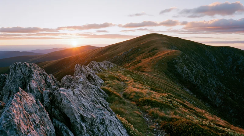 Sunrise over a mountain ridge with rocky outcrops and grassy slopes in the foreground