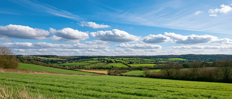Rolling green fields and hills under a blue sky with scattered clouds in a rural countryside landscape