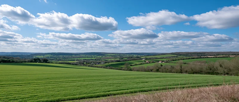 Rolling green fields and farmland under a blue sky with scattered clouds in a rural countryside landscape
