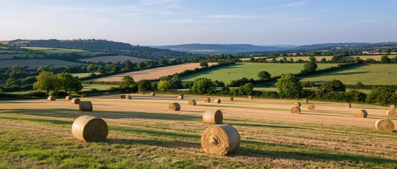 Round hay bales scattered across a harvested field in a rolling countryside landscape