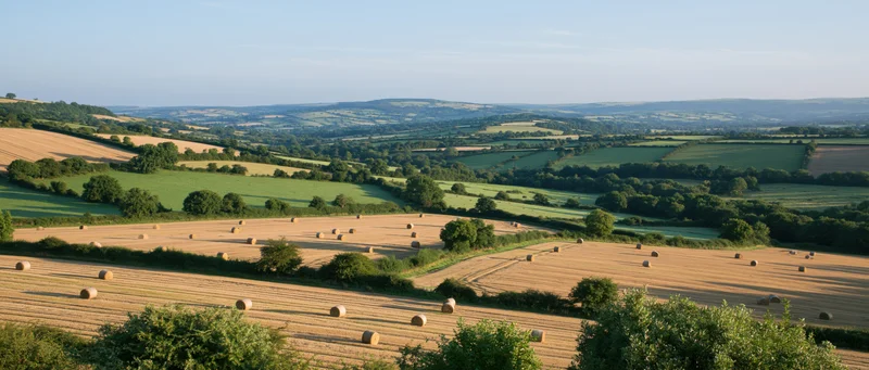 Rolling countryside fields with hay bales scattered across harvested land under bright summer sunlight