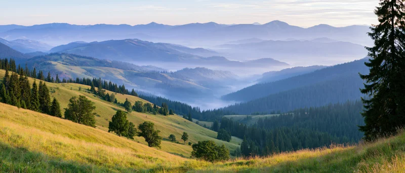 Rolling green hills and pine forests in a mountain valley at sunrise