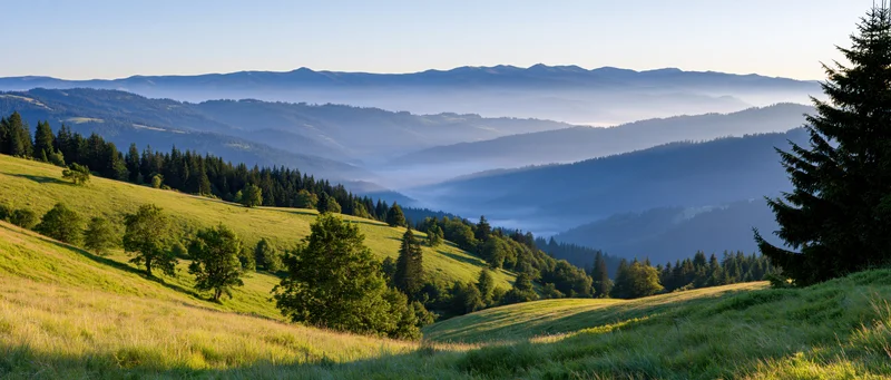 Rolling green hills and forested valleys under morning light with distant mountain ranges in soft mist