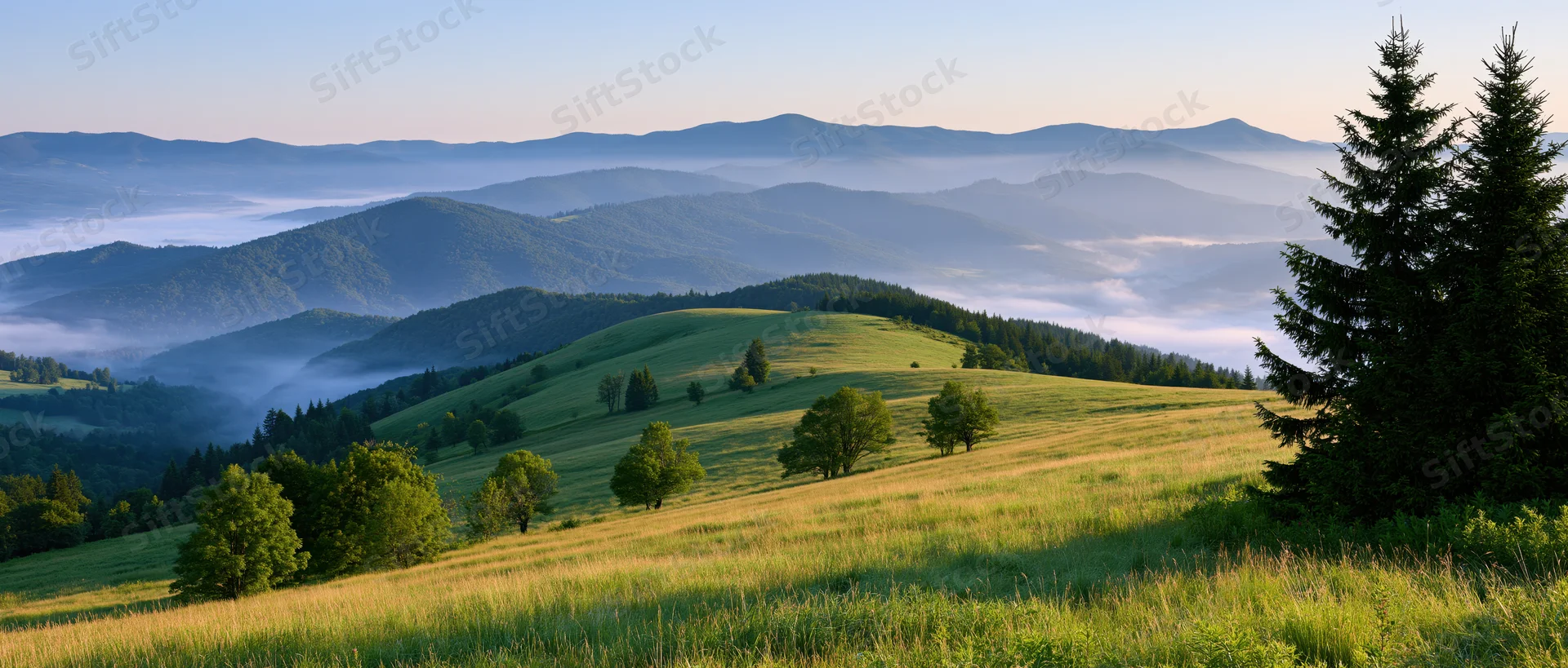 Rolling green meadows and forested hills under morning fog with distant mountains in the background
