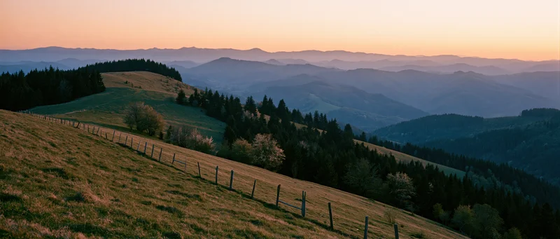 Rolling hills covered in grass and trees with a wooden fence, overlooking a mountain valley at sunset