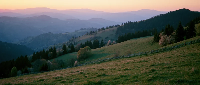 Rolling hills covered in grass and trees with a wooden fence under a sunset sky