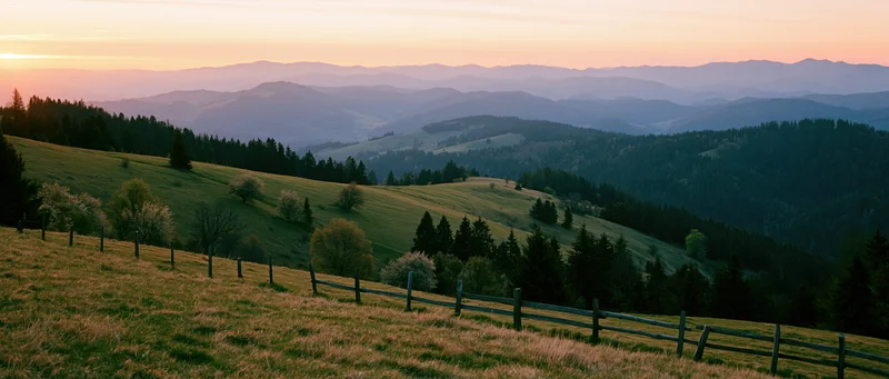 Rolling hills covered in grass and trees with a wooden fence in the foreground under a sunset sky