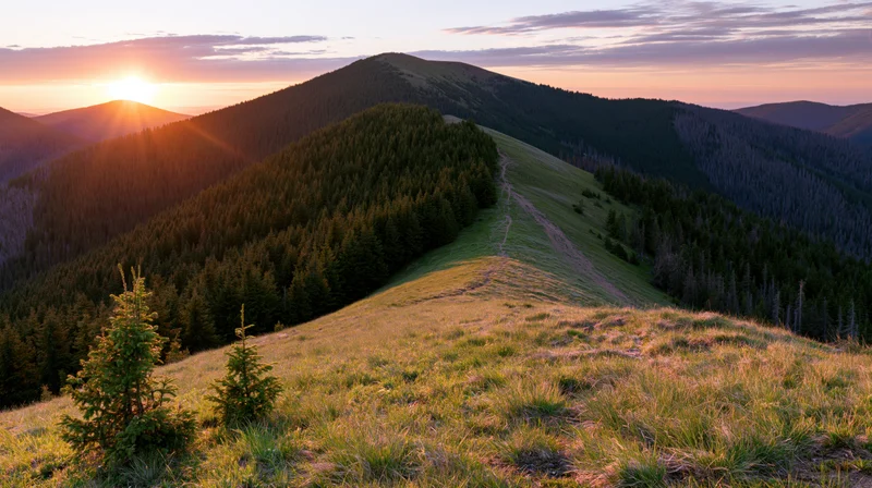 Mountain ridge covered in grass and evergreen trees at sunset with distant hills and forested valleys below
