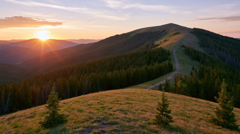 Mountain ridge at sunset with forested slopes and a winding path through a grassy meadow