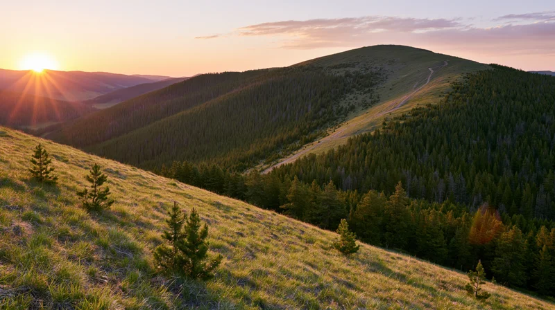 Mountain landscape at sunset with forested slopes and golden light over valley