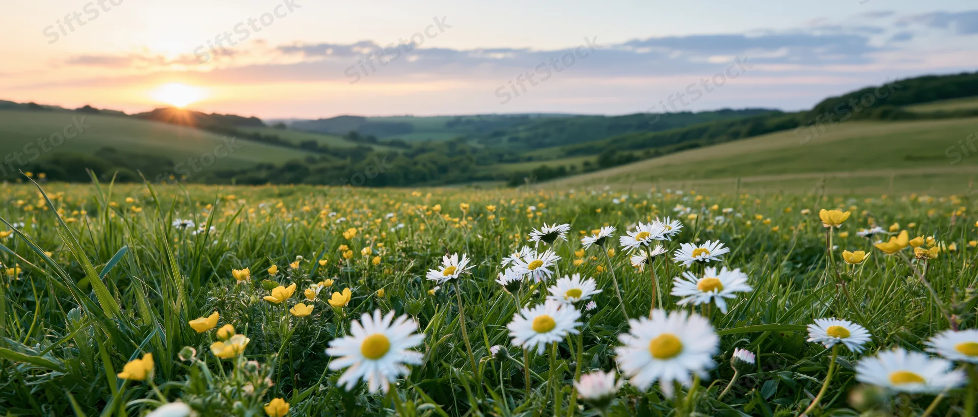 Daisies and yellow wildflowers blooming in a green meadow at sunset with rolling hills in the distance