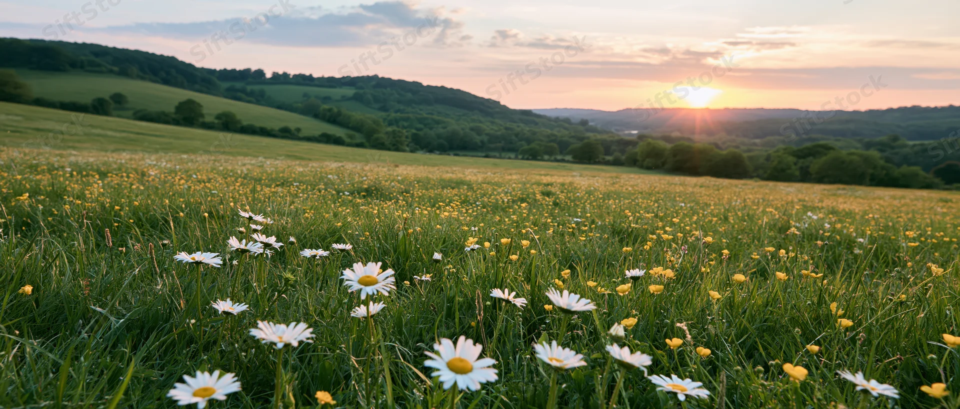 Daisies blooming in a grassy meadow at sunset with rolling hills in the background