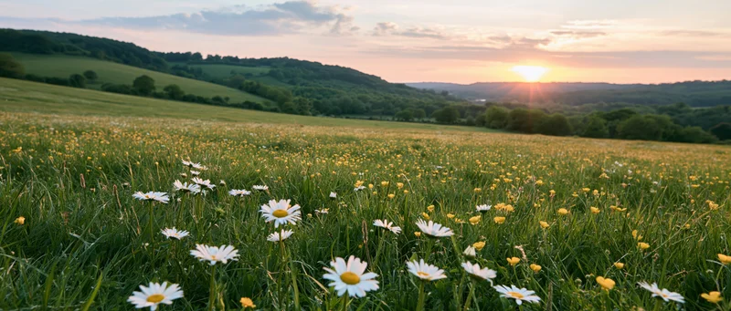 Daisies blooming in a grassy meadow at sunset with rolling hills in the background
