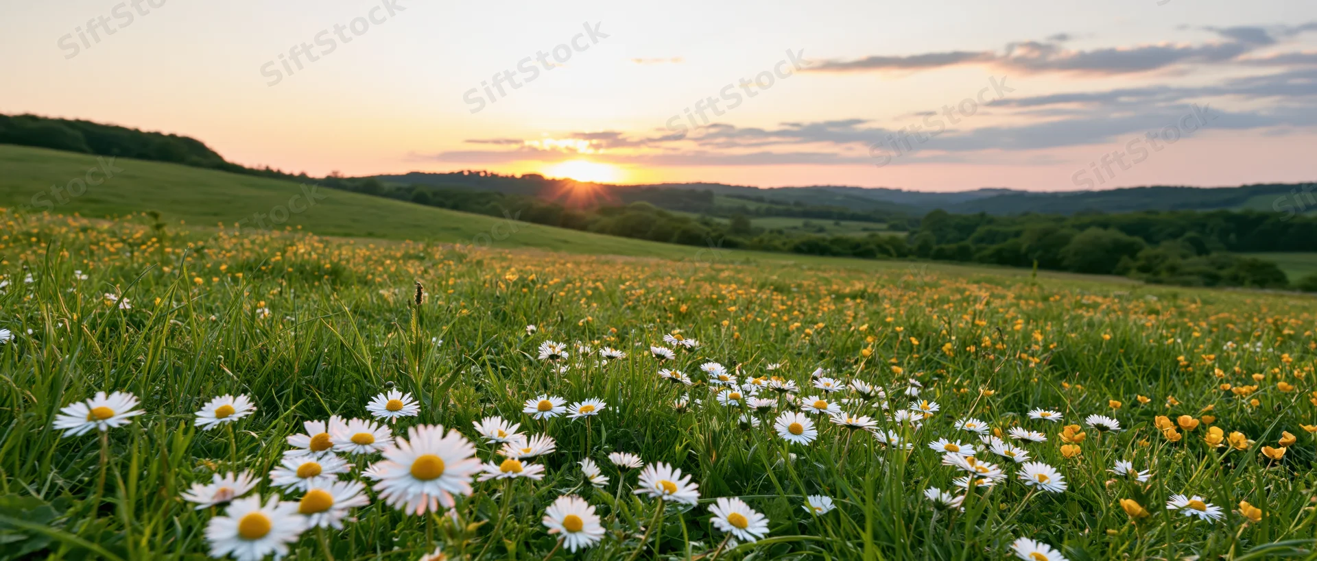 Daisies and wildflowers blooming in a green meadow at sunset with rolling hills in the distance
