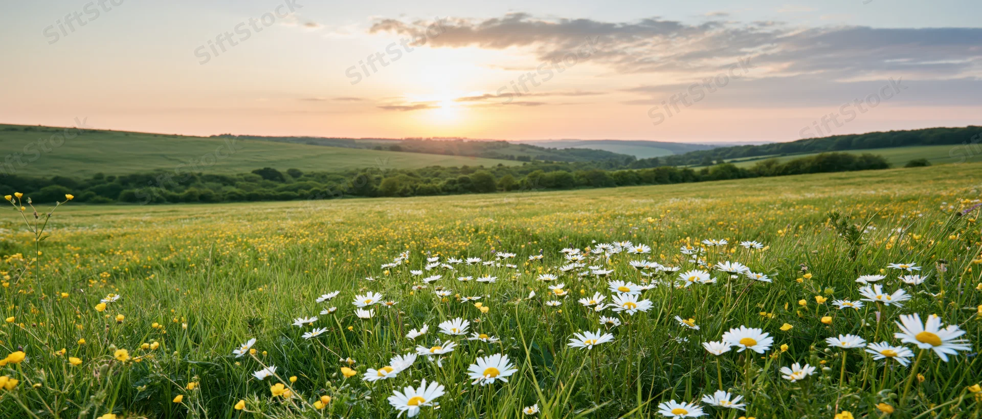 Daisies blooming in a grassy meadow at sunset with rolling hills in the distance