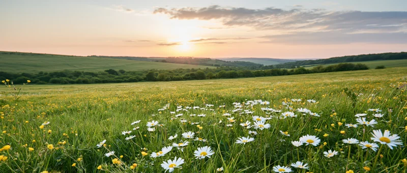 Daisies blooming in a grassy meadow at sunset with rolling hills in the distance