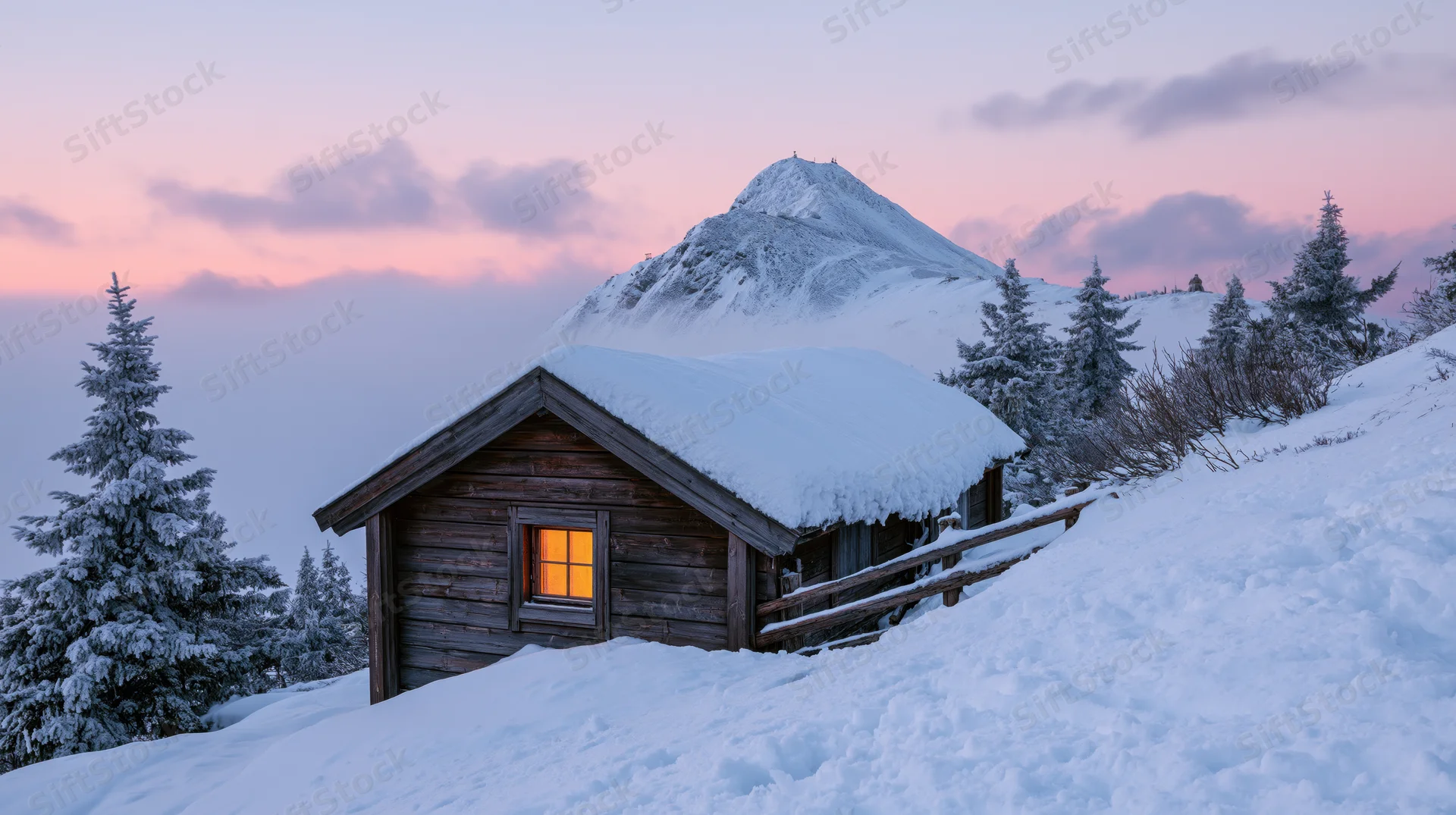 Snow-covered wooden cabin with glowing window at dusk in alpine mountain landscape
