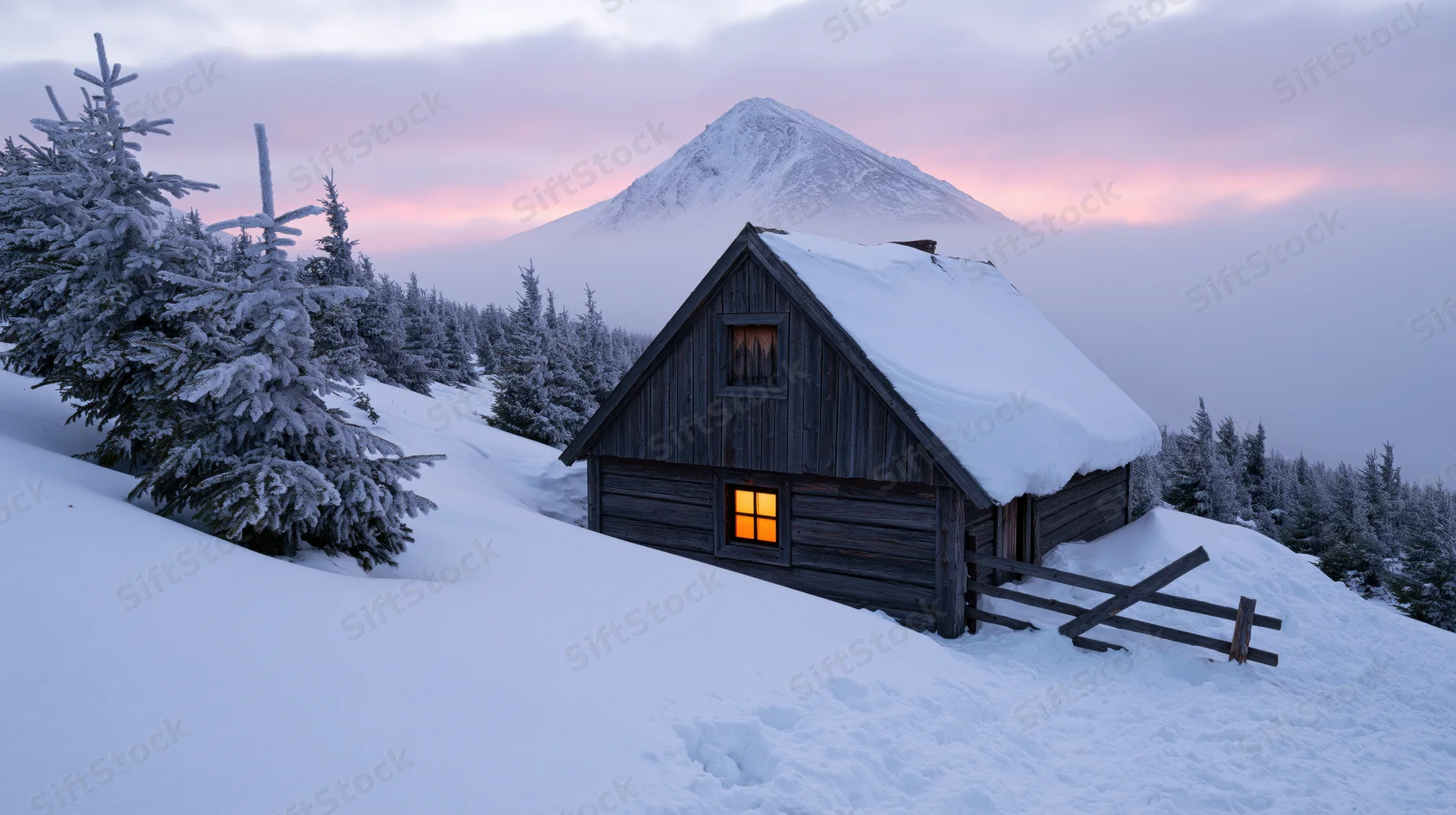 Wooden cabin with glowing window on snowy slope at dusk near mountain and forest