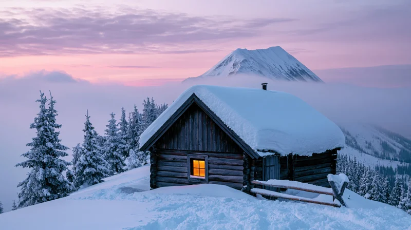 Snow-covered log cabin with glowing window at dusk in alpine forest near mountain peak