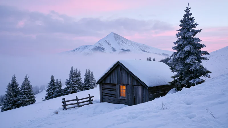 Snow-covered cabin with glowing window on mountain slope at twilight